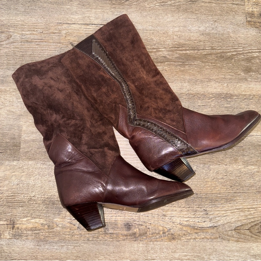 Suede Leather Calf-length Brown Slip On Western Riding Boots Size 7